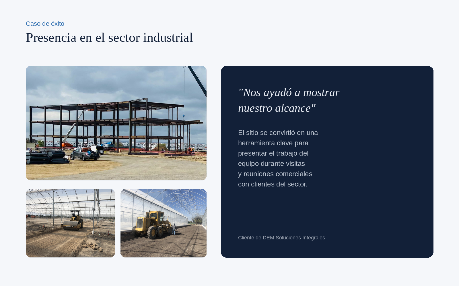 DEM Soluciones Integrales — Los proyectos reales del cliente convertidos en material de venta para visitas y reuniones comerciales.