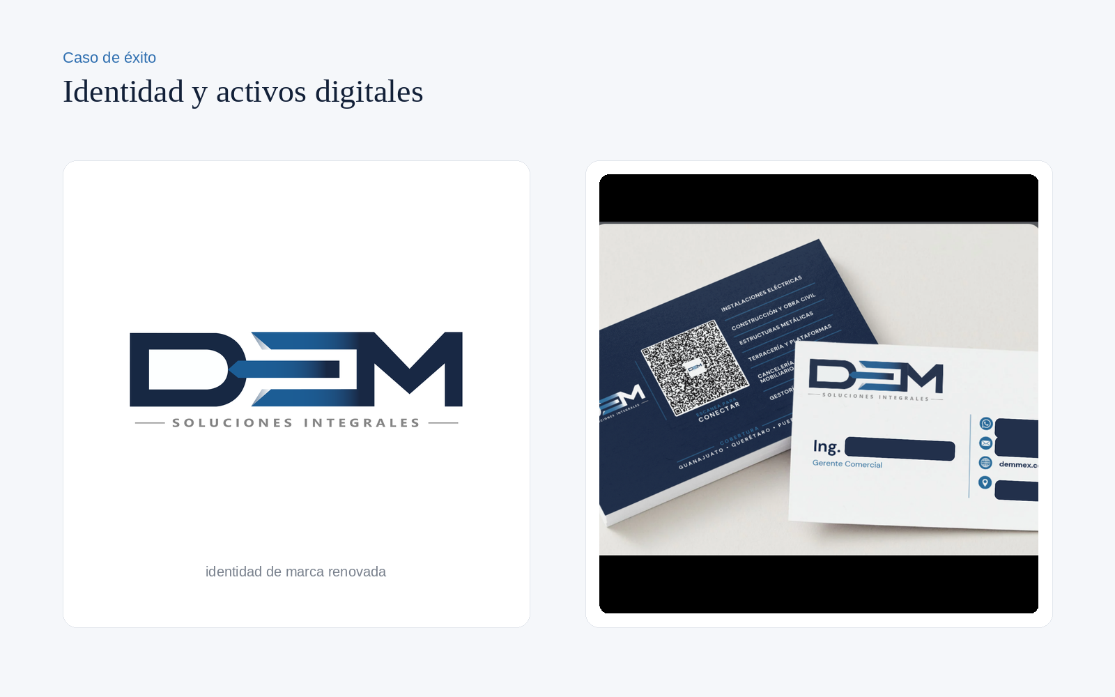 DEM Soluciones Integrales — Identidad de marca renovada, papelería ejecutiva y tarjetas con QR comercial para el equipo de ventas.