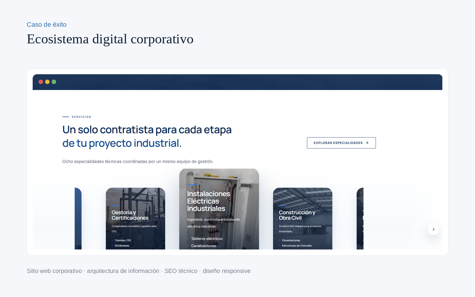 DEM Soluciones Integrales — Sitio web corporativo con arquitectura de información por especialidad, SEO técnico y diseño responsive.