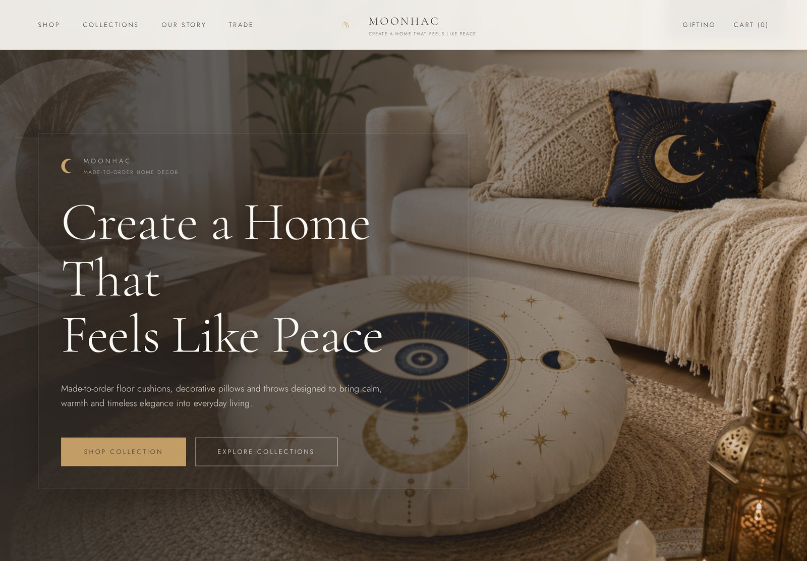 Moonhac Designs — Home editorial con promesa de marca —«Create a Home That Feels Like Peace»— y entrada directa a tienda y colecciones.